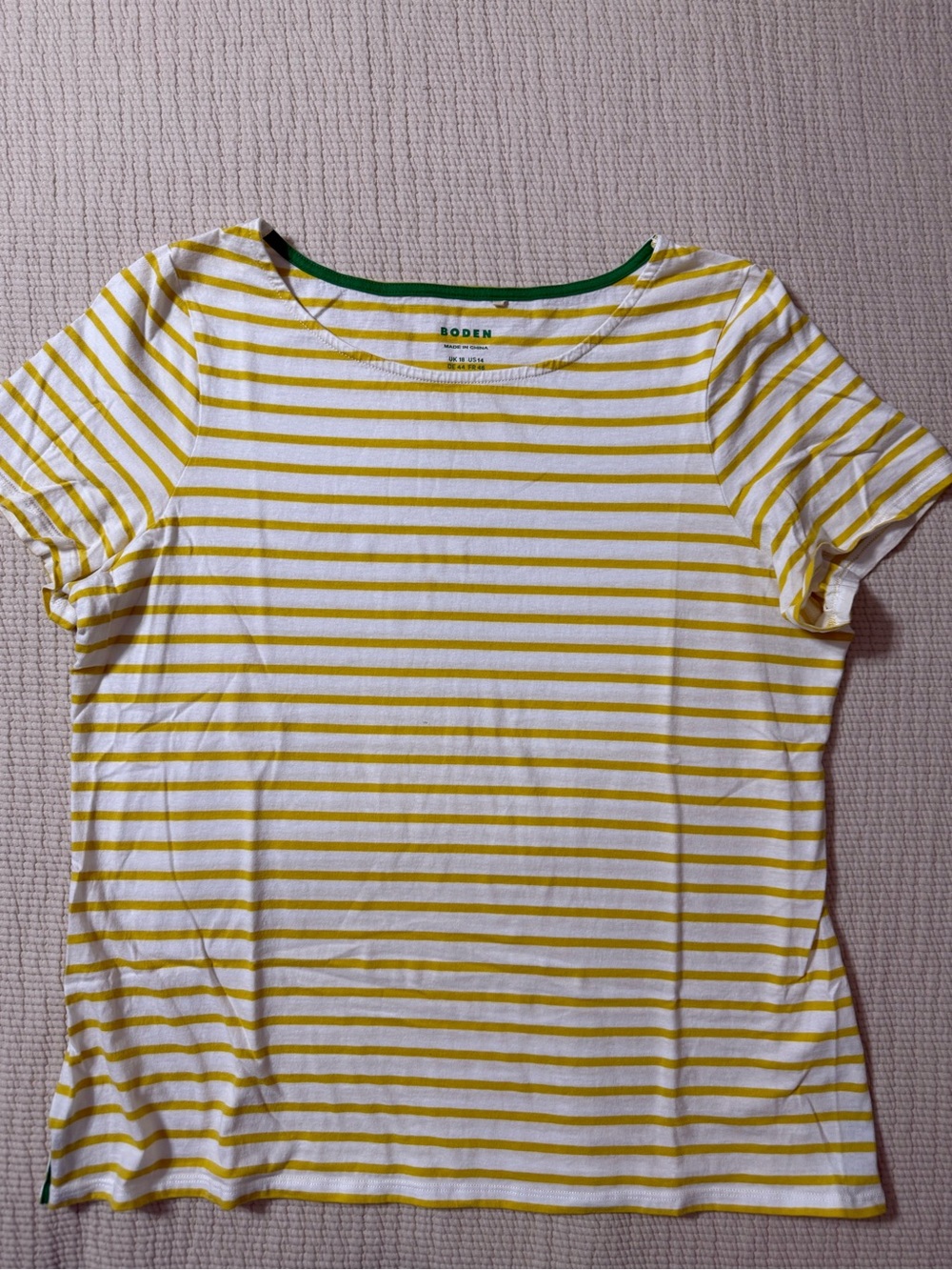 Boden White & Yellow Striped Short Sleeve Tee with Green Neck Trim|Size 14